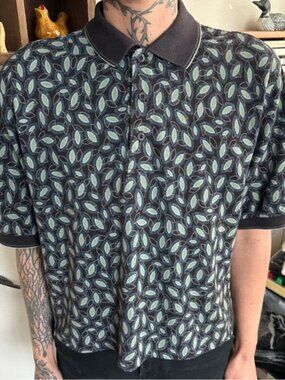 Vintage 90s Izod Golf Cropped Boxy Abstract Leaf AOP Knit Polo ~ Size Small